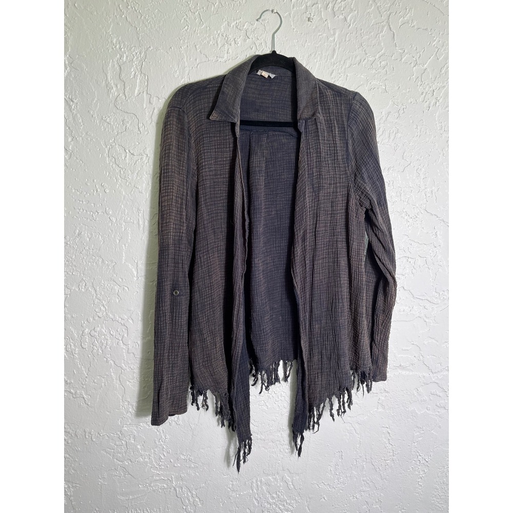 Hem & Thread Gray Cotton Gauze Open Front Fringe Cardigan Roll Tab Sleeve Medium